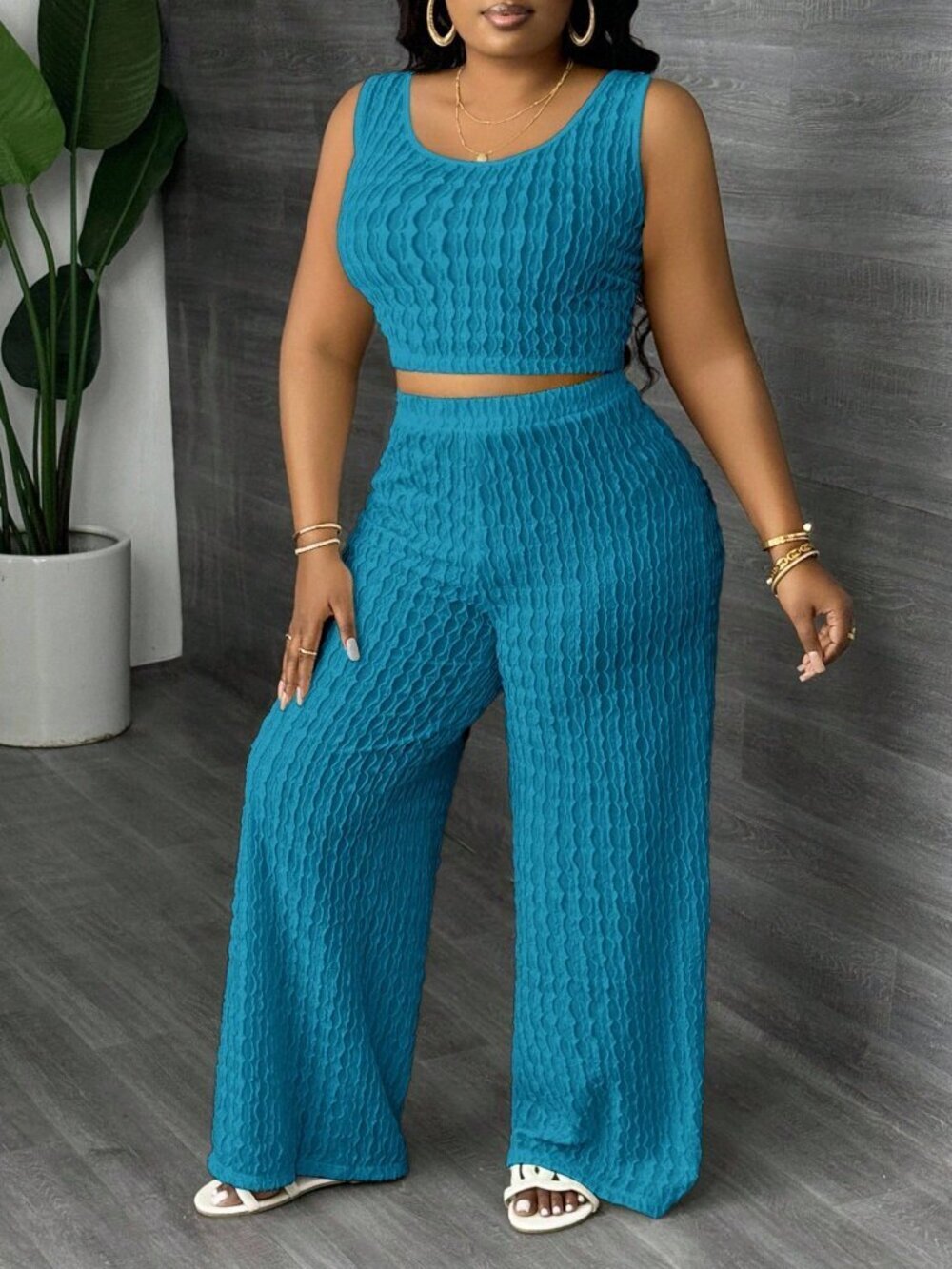 Teal Blue Casual Women's Plus Size Top And Wide Leg Pants - Picture 4 of 5